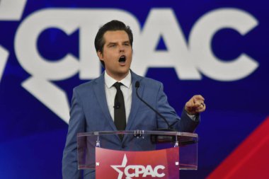 (NEW) U.S. Congressman Matt Gaetz (R) delivers remarks at the Conservative Political Action Conference 2022 in Dallas, Texas. August 6, 2022, Dallas, TX, USA. U.S. 