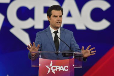 (NEW) U.S. Congressman Matt Gaetz (R) delivers remarks at the Conservative Political Action Conference 2022 in Dallas, Texas. August 6, 2022, Dallas, TX, USA. U.S. 