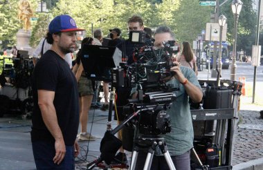 (NEW) Shooting of a commercial in New York. August 06, 2022, New York, USA:  The shooting of a commercial on 5th avenue in New York attracting curious eyes of passerby. It is common to see streets and avenues reserved for movie /commercial shootings 