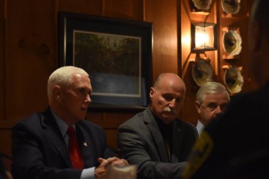 Former US Vice President Mike Pence at Law Enforcement Roundtable in Meredith, New Hampshire. August 17, 2022, Meredith, NH, USA. Former Vice President of the United States, Mike Pence participates in a law enforcement roundtable discussion