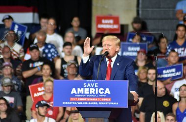 Former US President Donald J. Trump delivers remarks at a Save America rally in Wilkes-Barre, Pennsylvania. September 3, 2022, Wilkes Barre, Pennsylvania, USA: The former US President Donald J Trump delivers remarks at a Save America rally 
