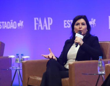 Brezilya seçimleri: Cumhurbaşkanı adayı Simone Tebet, O Estado de S.Paulo gazetesi tarafından düzenlenen bir toplantıya katıldı. 19 Eylül 2022, Sao Paulo, Brezilya: Brezilya başkanlığı için aday Simone Tebet 