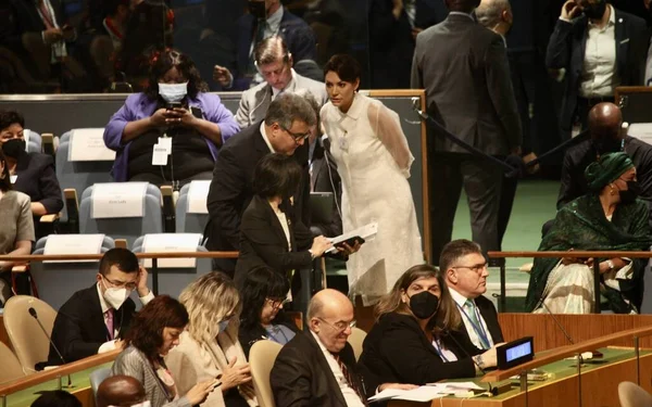 联合国大会第77届会议 2022年9月20日 美国纽约 第77届联合国大会开幕 联合国秘书长安东尼奥 古特雷斯和巴西总统致开幕词 — 图库照片