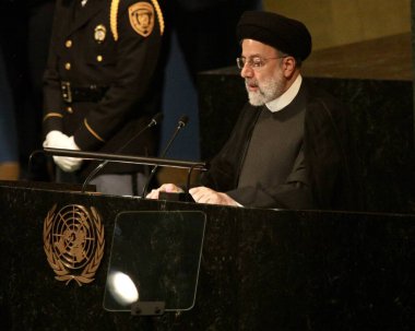 (İran Başkanı Seyyid Ethe Raisi New York 'taki 77. Birleşmiş Milletler Genel Kurulu' nda konuşma yapıyor. 20 Eylül 2022, New York, ABD: İran Cumhurbaşkanı Seyyid Ethe Raisi 77. Birleşmiş Milletler Genel Kurulu 'nda konuşma yaptı 