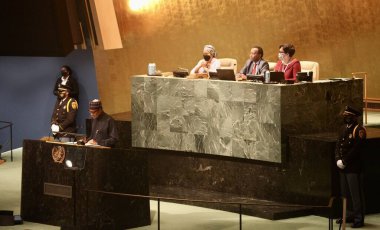 Muhammadu Buhari, New York 'taki 77. Birleşmiş Milletler Genel Kurulu' nda konuşma yapacak. 20 Eylül 2022, New York, ABD: Nijerya Başkanı Muhammadu Buhari, New York 'taki 77. Birleşmiş Milletler Genel Kurulu' nda konuşma yaptı 