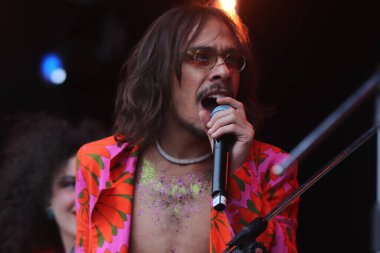 Bala Desejo grup gösterisi Duda Beat 'in Novabrasil Festivali' ne katılımıyla. 16 Ekim 2022, Sao Paulo, Brezilya: Bala Desejo grubunun Novabrasil Müzik Festivali sırasında Duda Beat 'in katılımıyla