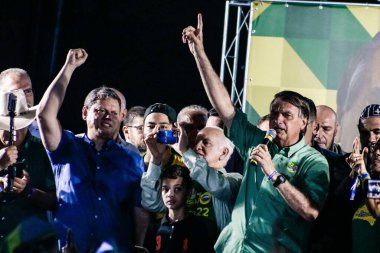 Brezilya Seçimleri: Brezilya Cumhurbaşkanı Jair Bolsonaro Guarulhos, Sao Paulo 'da düzenlenen mitinge katıldı. 22 Ekim 2022, Guarulhos, Sao Paulo, Brezilya: Brezilya Cumhurbaşkanı ve yeniden seçime aday, Jair Bolsonaro Guarulhos 'da düzenlenen bir mitingde