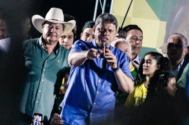 Brezilya Seçimleri: Brezilya Cumhurbaşkanı Jair Bolsonaro Guarulhos, Sao Paulo 'da düzenlenen mitinge katıldı. 22 Ekim 2022, Guarulhos, Sao Paulo, Brezilya: Brezilya Cumhurbaşkanı ve yeniden seçime aday, Jair Bolsonaro Guarulhos 'da düzenlenen bir mitingde