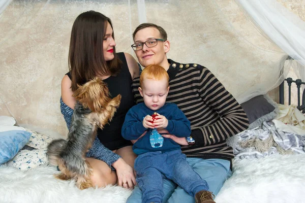 Küçük kızıl saçlı bir çocuk, yatağında annesinin, babasının ve köpeğinin yanında oturuyor. Köpekli mutlu bir aile. Noel zamanı.