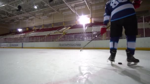 Hokeiści na lodzie w łyżwach z kijami hokejowymi łyżwy na stadionie na meczu, zbliżenie — Wideo stockowe