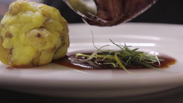 De chef zet de gegrilde biefstuk op een witte plaat met een bijgerecht in de vorm van een bal — Stockvideo