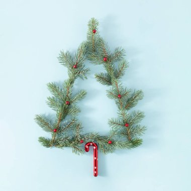 Kırmızı böğürtlenli taze köknar dallarından yapılmış Noel ağacı ve parlak mavi arka planda Noel süsü. Fotokopi alanı ile yaratıcı yeni yıl kavramı. Düz yatıyordu.