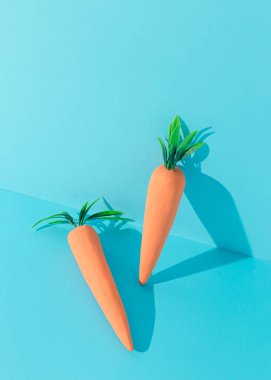 İki havuç ve koyu mavi arka planda güneşli gün gölgeleri. Asgari Paskalya konsepti. Yaratıcı besin bileşimi.