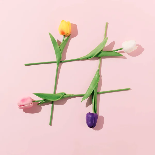 Signo Hashtag Hecho Flores Tulipán Flor Colores Sobre Fondo Rosa — Foto de Stock