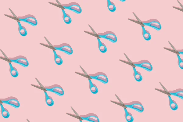 Blue Scissors Trendy Pattern Bright Pink Background Minimal Flat Lay — Foto de Stock