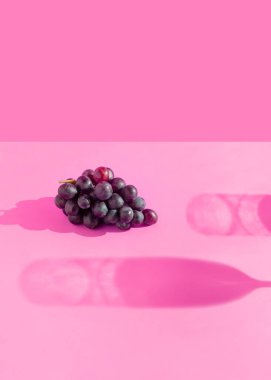 Canlı pembe arka planda şarap bardaklarının gölgeleriyle olgun organik şarap üzümü meyvesi. Asgari kutlama partisi konsepti.