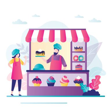 İşadamı küçük dükkanlarda hamur işi satıyor. Profesyonel pasta şefi üniforma giyer. Şekerleme işi ve şeker üretimi kavramı. Yerel bir dükkan, yemek büfeleri. Moda düz vektör illüstrasyonu