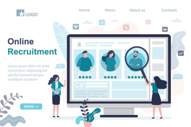 Kadın yönetici iş için en iyi adayı seçiyor. Bilgisayar ekranında çeşitli iş arayanların profilleri. Özgeçmiş ve online işe alım süreci konsepti. İniş sayfası şablonu. Düz vektör illüstrasyonu