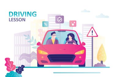 Kadın karakter araba sürmeyi öğreniyor. Eğitmen acemi sürücünün yanında arabada oturuyor. Sürücü kursu, eğitim ve sürücü kursu kavramı. Kadın ve erkek arabada oturur. Düz vektör illüstrasyonu
