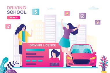 Kadın öğretmen ya da eğitmen, kız öğrenciye ehliyet verir. Ehliyet sınavından sonra yeni sürücün kutlu olsun. Yakınlarda modern bir araç. Okul konsepti afişi. Moda biçim vektör illüstrasyonu