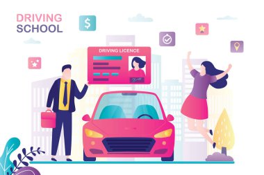 Male teacher or instructor gives female student driver's license. Happy woman driver after passing driving test. Modern vehicle near. Driving school concept banner. Trendy style vector illustration clipart