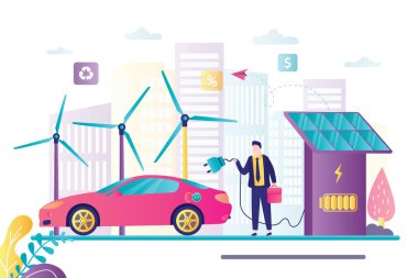 Erkek sürücü elektrikli arabayı şarj ediyor. Güneş panelleri olan şarj istasyonu. Arka planda rüzgar türbinleri ve şehir binaları var. Ekolojik olarak temiz ulaşım, çevre koruma. Düz vektör illüstrasyonu
