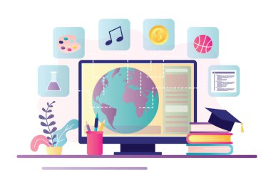 Küresel dünyada çevrimiçi eğitim, e-öğrenme kavramı. Dünya gezegenini izleyin. Çeşitli eğitim ikonları, kitaplar ve mezuniyet şapkaları. Modern işyeri. Uzaktan eğitim. Düz vektör illüstrasyonu
