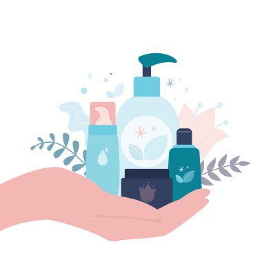 Farklı şişeler, tüpler ve organik kozmetik kavanozları. Kadın eli çeşitli çevre dostu güzellik ürünleri tutuyor. Beyaz arka planda izole edilmiş doğal güzellik ürünleri. Düz vektör illüstrasyonu