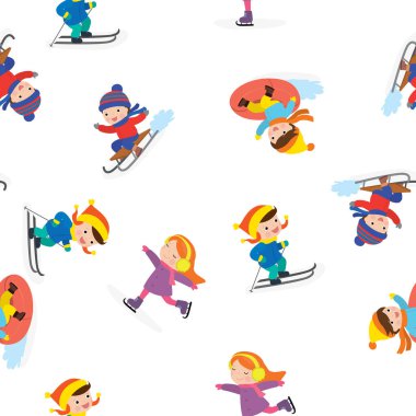 Çeşitli çocukların kış sporlarına gittiği kusursuz bir düzen. Kış mevsiminde aktif olmak. Kayaklı, kızaklı, patenli okul çocukları. Beyaz arka planda komik bir doku. Düz vektör illüstrasyonu