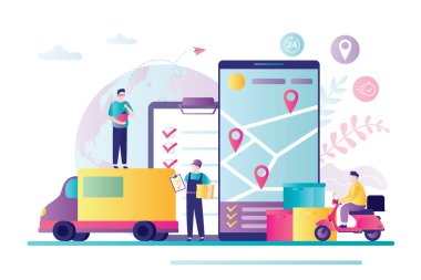 Akıllı telefon ekranında noktalı harita. Erkek kurye motosikletle paket teslim ediyor. Lojistik, iş ve ulaşım kavramı. Cep telefonuyla takip ediliyor. Düz vektör illüstrasyonu