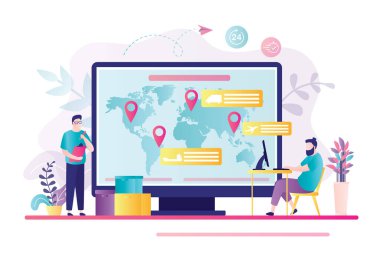 Bilgisayar ekranındaki teslimatların çevrimiçi takibi. Erkek karakter lojistikte çalışıyor. Dünya çapında dağıtım, lojistik ve iş kavramı. Paketlerin teslimatını iş adamı kontrol ediyor. Vektör illüstrasyonu