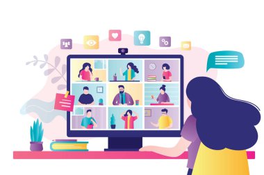 Kadın iş arkadaşlarıyla video aracılığıyla iletişim kuruyor. Video konferansına katılan bir grup insanla birlikte masaüstü bilgisayarı. Sanal iş toplantısı ve video konferansı kavramı. Düz vektör illüstrasyonu