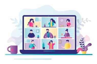 İş arkadaşları video çağrısında iletişim kurar. İş adamları dizüstü bilgisayar ekranında projeyi tartışıyor. Video konferansı kavramı, evden ve online toplantıdan çalışmak. Moda tarzında pankart. Vektör illüstrasyonu