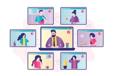 İş arkadaşları çevrimiçi konferans görüşmesinde konuşuyor. Dizüstü bilgisayar ekranında takım elbiseli bir iş adamı. İnsanlar evden çeşitli cihazlarla video bağlantısı ile çalışıyorlar. İnternet teknolojisi, küresel bağlantı. Vektör illüstrasyonu