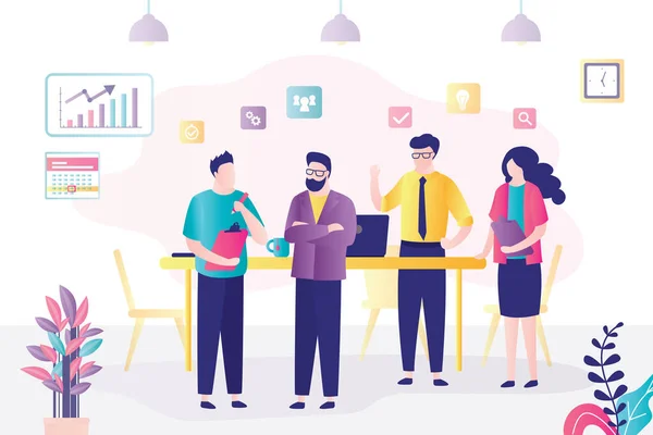 Bir grup insan iş konferansında buluştu. Çalışanlar yeni proje ya da şirket istatistiklerini tartışıyor. Ofisteki meslektaşlarımız beyin fırtınası yapıyor. Takım çalışması ve iş yeri kavramı. Düz vektör illüstrasyonu