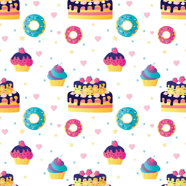 Seamless Pattern Different Sweets Cakes Cupcakes Decorated Berry Cream Donut — Stock Vector