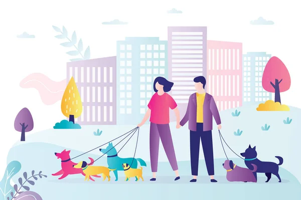 愛のカップルは公園でペットと歩く リード付きの犬のアクティブな歩行者 人々は一緒に時間を過ごす 街の景色を背景に トレンドフラットベクトルイラスト — ストックベクタ
