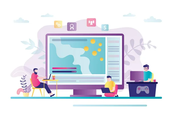 Oyun akışı monitör ekranında. Erkek izleyiciler maç sürecini izliyor ve yorumluyorlar. Siber spor yayını, popüler video içeriği, canlı yayın. Düz vektör illüstrasyonu