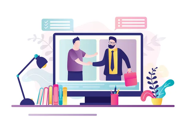 Başarılı müzakereler, iş adamları monitörde el sıkışıyor. İnternette uzaktan görüşmeler. Çevrimiçi iş iletişimi, başarılı bir anlaşma. Aksesuarlı işyeri. Vektör illüstrasyonu