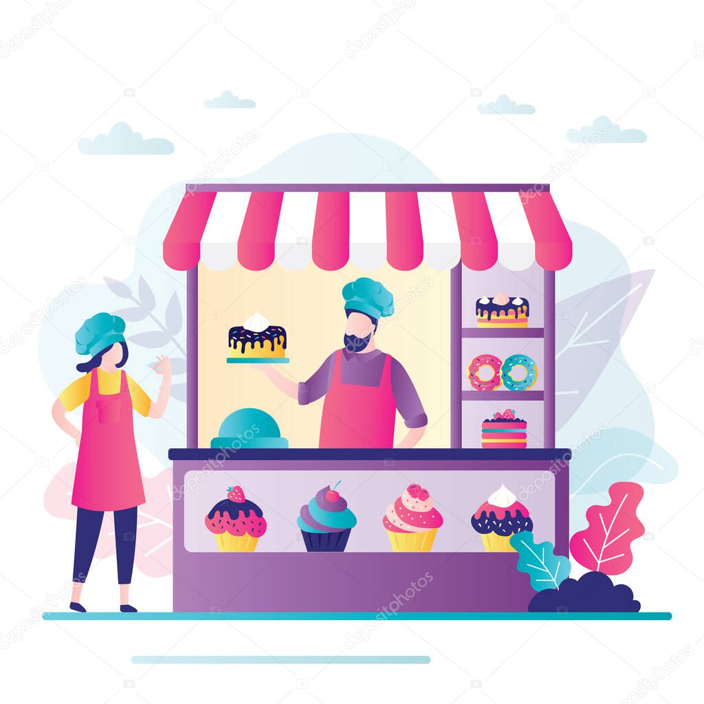Businessman sells pastry in small store. Professional pastry chef stands in uniform. Concept of confectionery business and sweets production. Local store, food kiosks. Trendy flat vector illustration