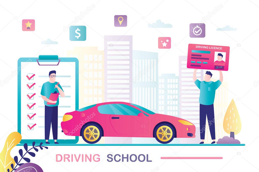 Teacher or instructor controls quality of training. Male student holds driver licence. Happy new driver after passing driving test. Modern vehicle near. Driving school banner. Flat vector illustration