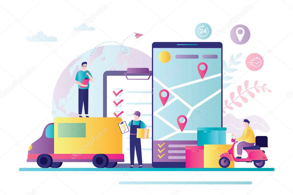 Map with points on smartphone screen. Male courier delivers parcels on motorbike. Concept of logistics, business and transportation. Tracking delivery with mobile phone. Flat vector illustration