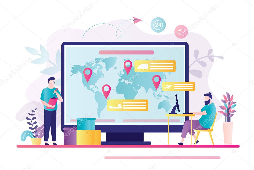 Online tracking of deliveries on computer screen. Male character works logistician. Concept of worldwide delivery, logistic and business. Business man controls delivery of parcels. Vector illustration