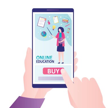 Ekranda online kursla akıllı telefonu tutuyor. Çevrimiçi eğitime abone olmak ya da eğitim dersleri almak. Yeni öğrenme teknolojisi kavramı. Cep telefonuyla çalış. Vektör illüstrasyonu