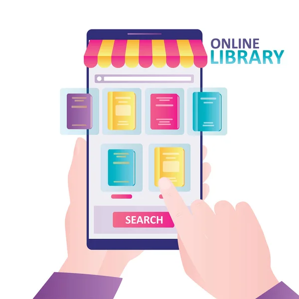 手拿着智能手机 屏幕上有在线图书馆 书店里有各种书籍 新的采购技术 互联网图书馆 用于购买 阅读和下载书籍的应用程序 矢量说明 — 图库矢量图片