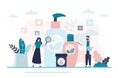 Büyüteçli bir kadın organik kozmetik ürünleri seçiyor. Tıp profesörü cilt bakımı için doğal ürün seçimi yapan bir kıza yardım ediyor. Çeşitli şişeler, tüpler. Moda tarzında pankart. Düz vektör illüstrasyonu