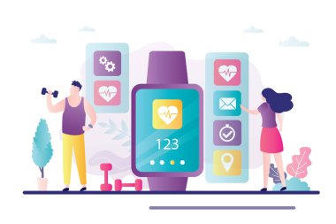 Fitness izleyicili erkek karakter trenleri. Kadın akıllı saatle postaları kontrol ediyor. Sağlıklı yaşam tarzı kavramı, yeni teknoloji. Smartwatch kalp atışlarını ölçer ve kalori sayar. Düz vektör illüstrasyonu