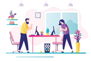 İki kızgın iş işçisi çatışma içindeler. Stres ve duygu kontrolü. Ofiste çalışanlar arasındaki çatışma durumu. Ofis içi, iş yeri. Moda düz vektör illüstrasyonu