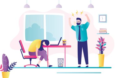 Kadın karakter iş yerinde yoruldu. Huysuz patron astına bağırıyor. Depresif ruh hali, profesyonel yorgunluk ve büyük duygusal stres. Fazla çalışma, son teslim tarihi. Ofiste çatışma. Vektör illüstrasyonu