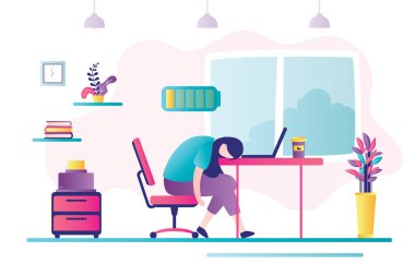 Kadın karakter işte yoruldu. Mutsuz iş kadını işyerinde oturuyor. Depresif ruh hali, profesyonel yorgunluk ve büyük duygusal stres. Fazla çalışma ve son teslim tarihi, şarjı az. Düz vektör illüstrasyonu